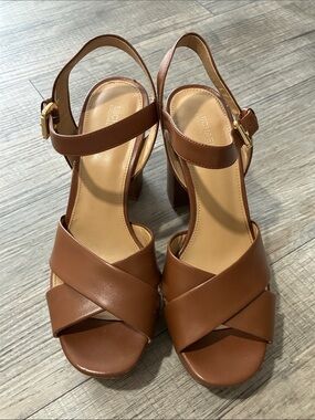 MICHAEL Michael Kors Tan Brown Leather Crisscross Block Heel Sandals